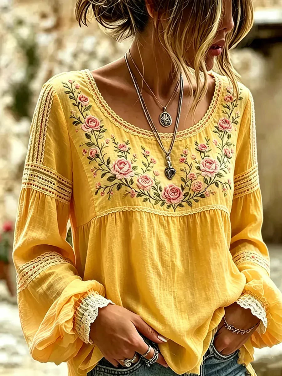 Isra - Blusa Estilo Bohemio Bordada Con Flores