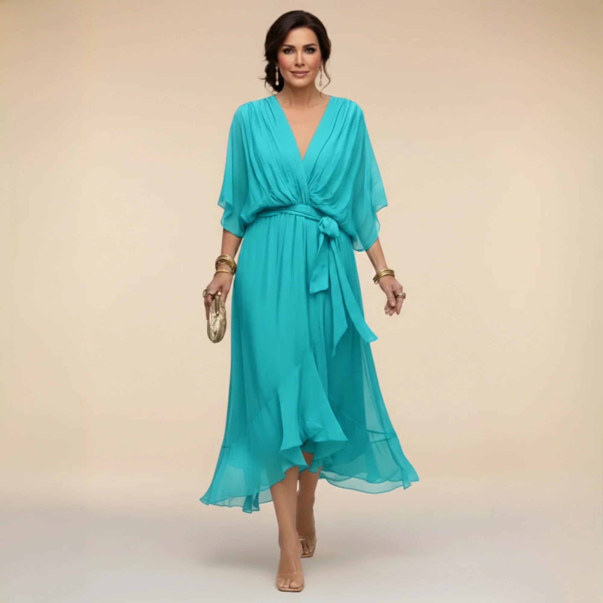 Fabienne - Vestido de Noche Fluido Ajustado de Chifón