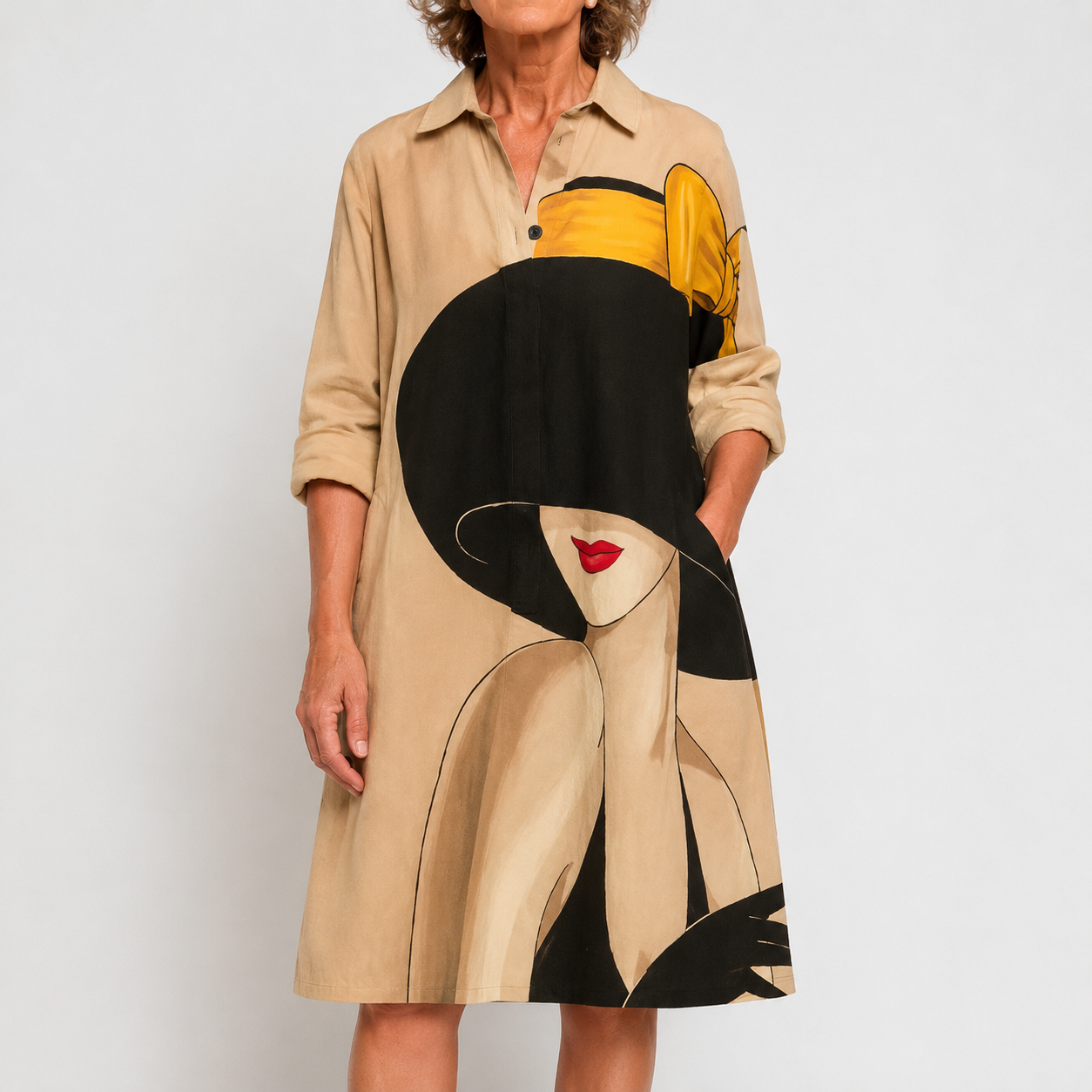 Vestido Camisero Beige Artístico