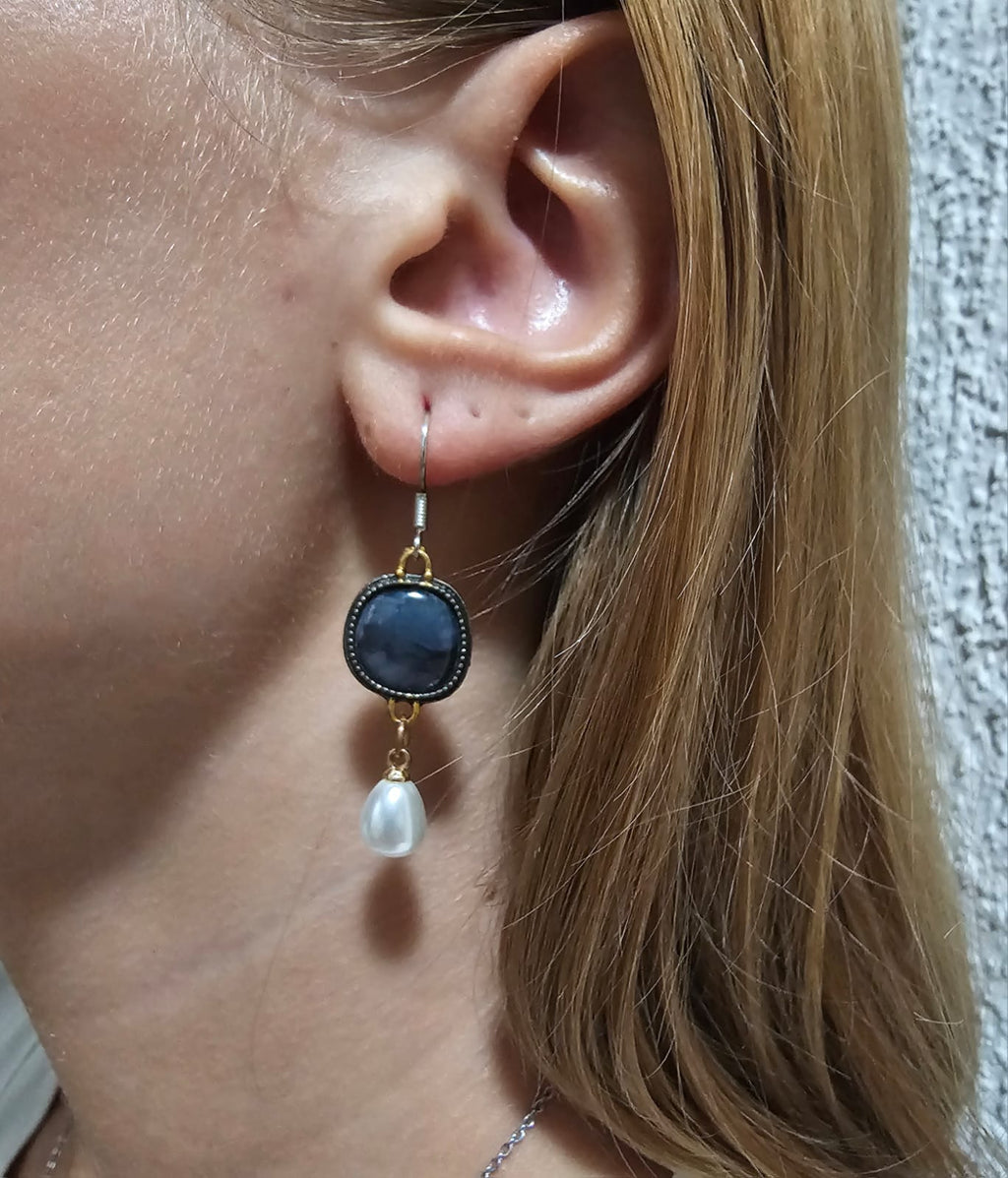 Celia - Pendientes vintage de perlas y piedra azul