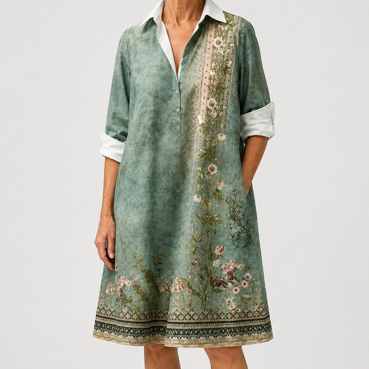 Vestido Floral Verde Salvia con Cenefa