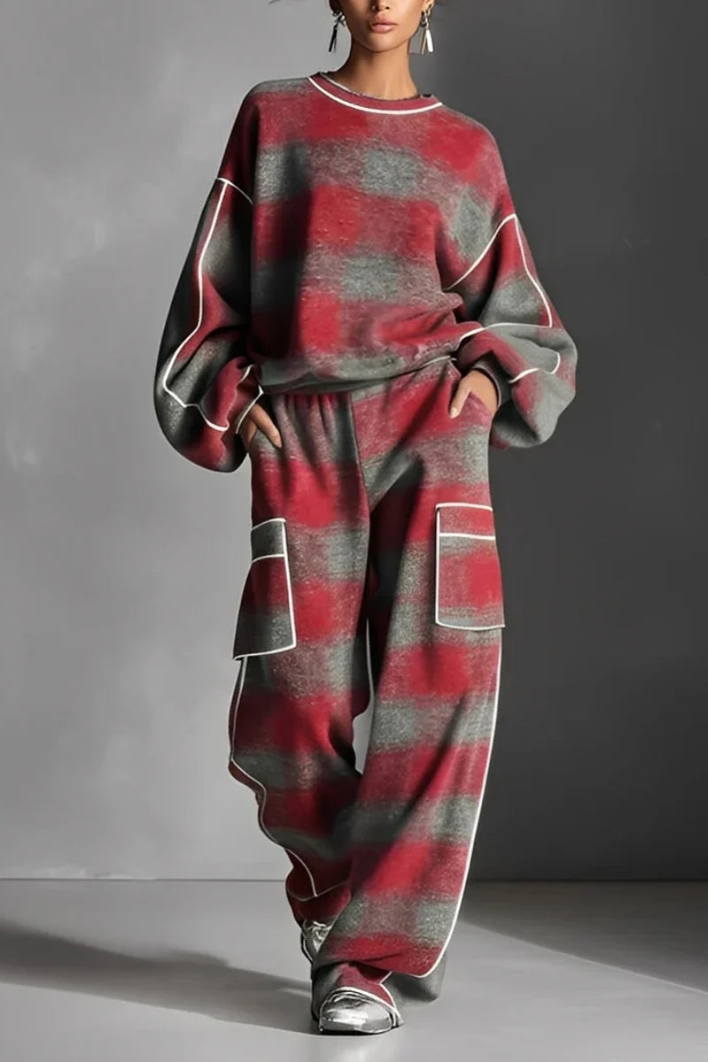 Conjunto Deportivo a Cuadros Rojo y Gris con Contraste