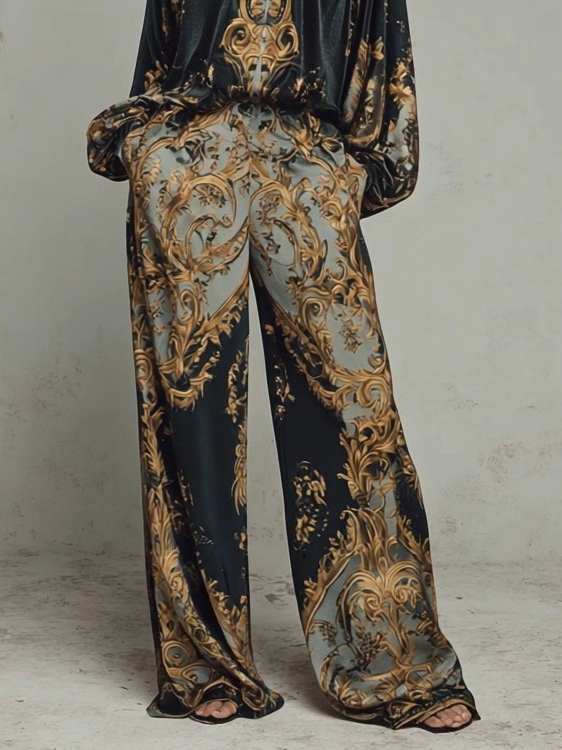 Conjunto Retro Estampado Barroco Escote en V Corte Relajado