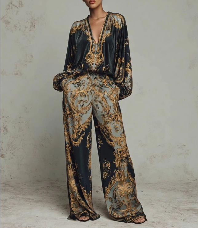 Conjunto Retro Estampado Barroco Escote en V Corte Relajado