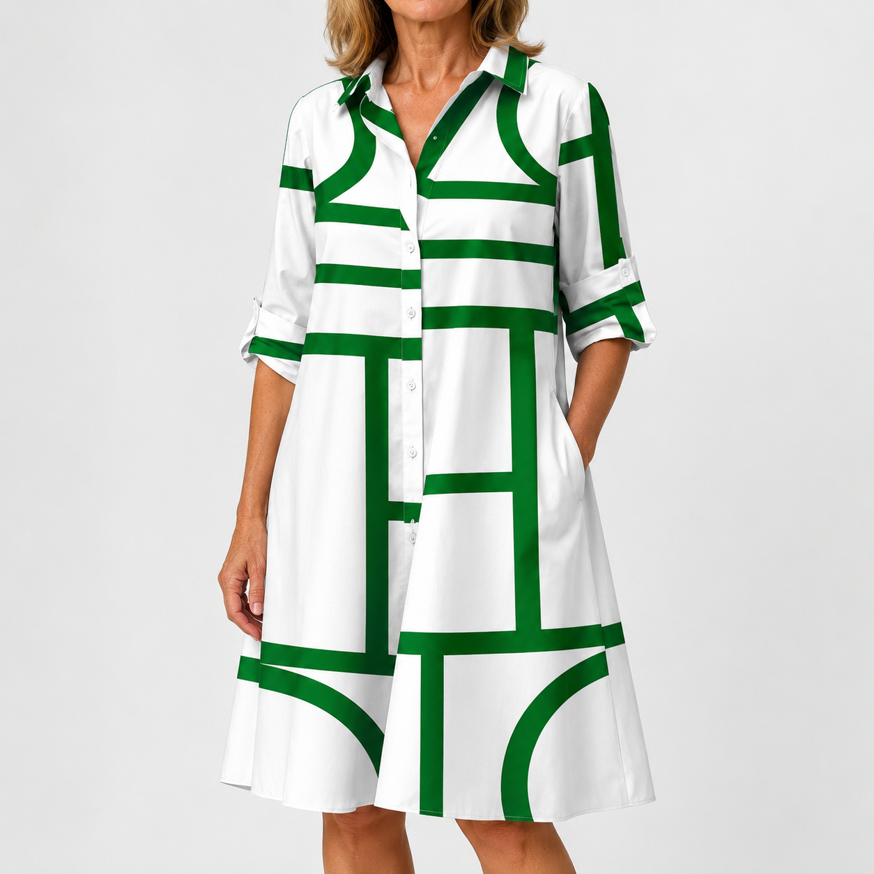 Vestido Camisero Geométrico Verde