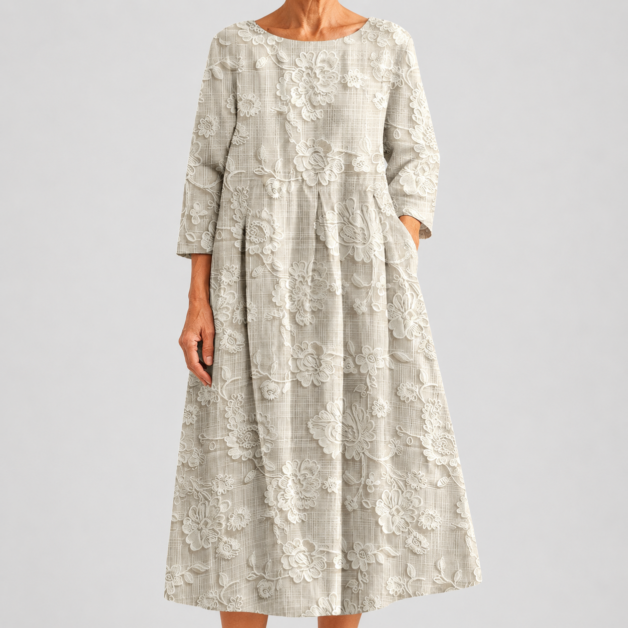 Vestido Midi Beige Floral de Estilo Atemporal