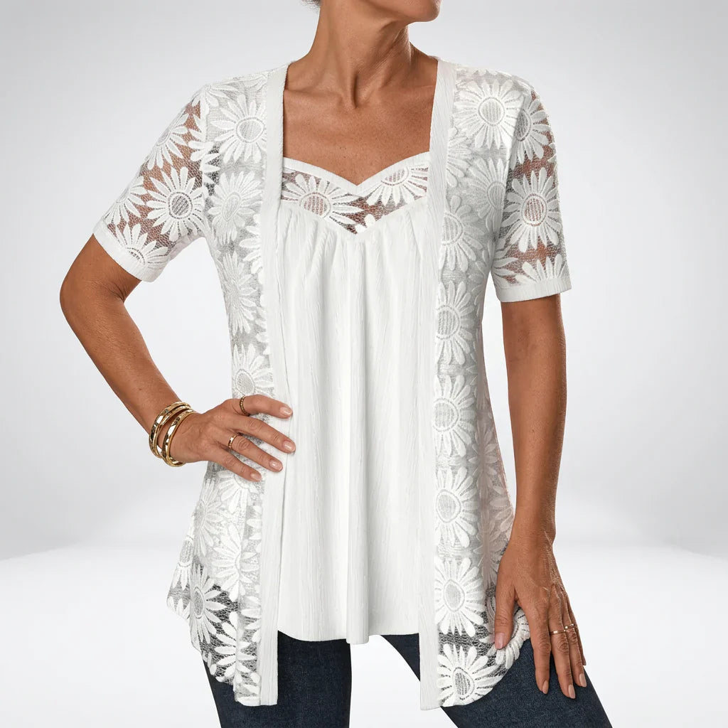 Yolaine - Blusa Femenina con Chaqueta Floral Bordada