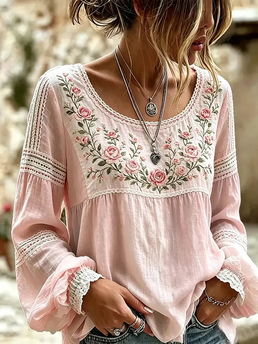 Isra - Blusa Estilo Bohemio Bordada Con Flores