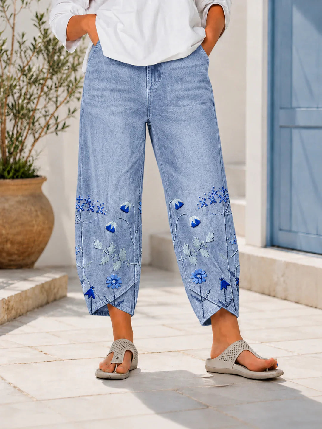 Greta - Pantalón Casual Bordado con Flores