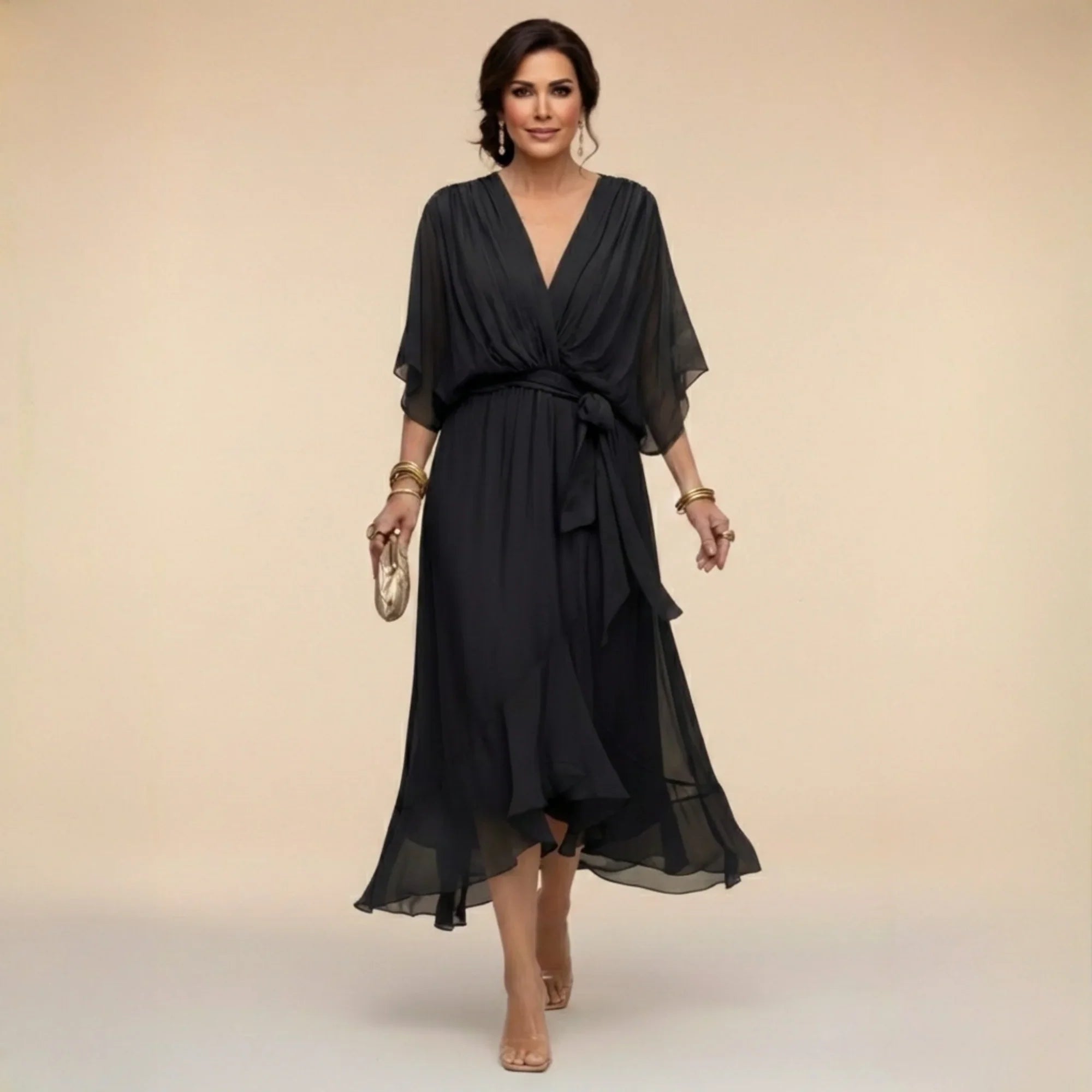 Fabienne - Vestido de Noche Fluido Ajustado de Chifón