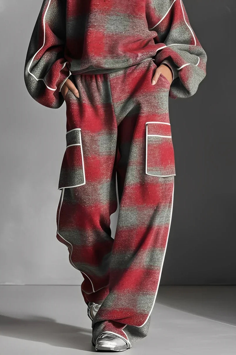 Conjunto Deportivo a Cuadros Rojo y Gris con Contraste