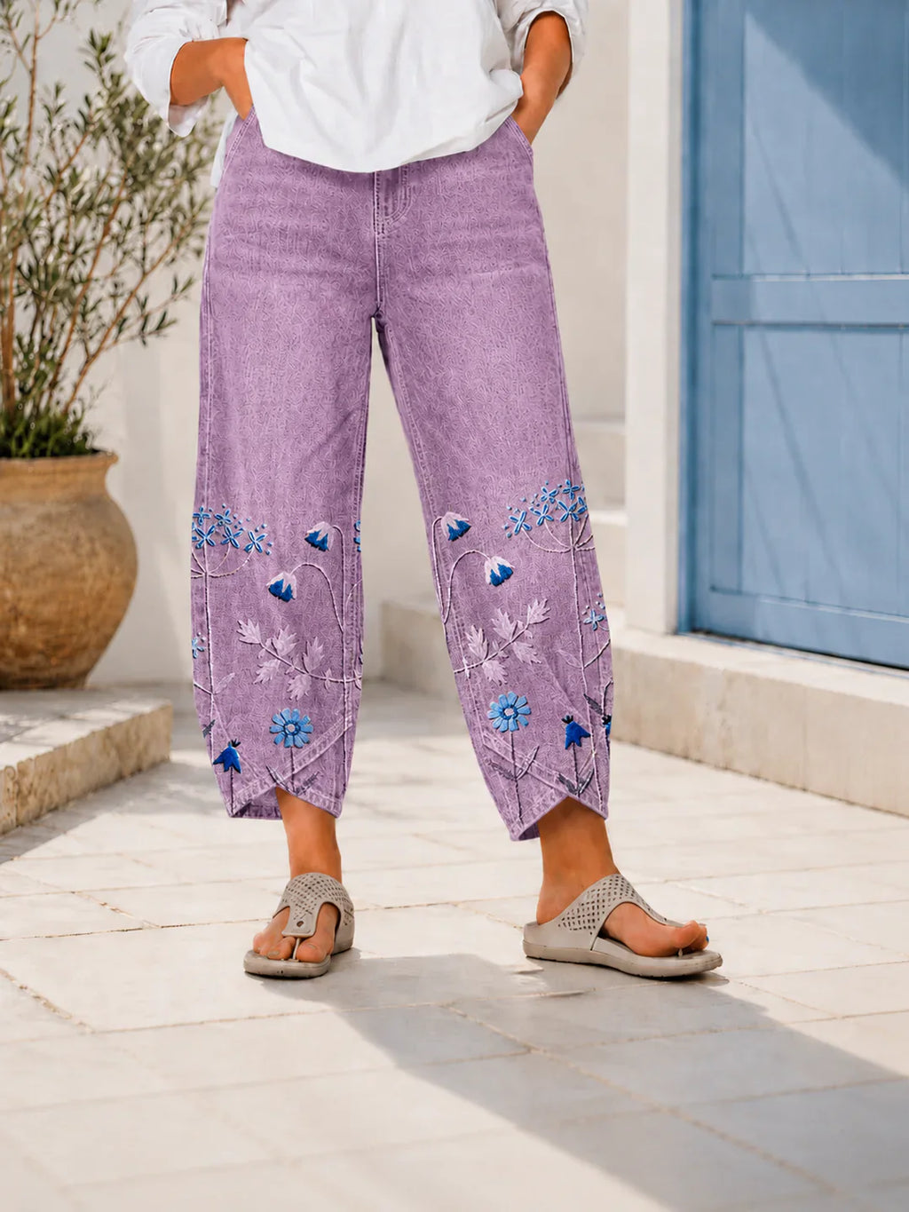 Greta - Pantalón Casual Bordado con Flores