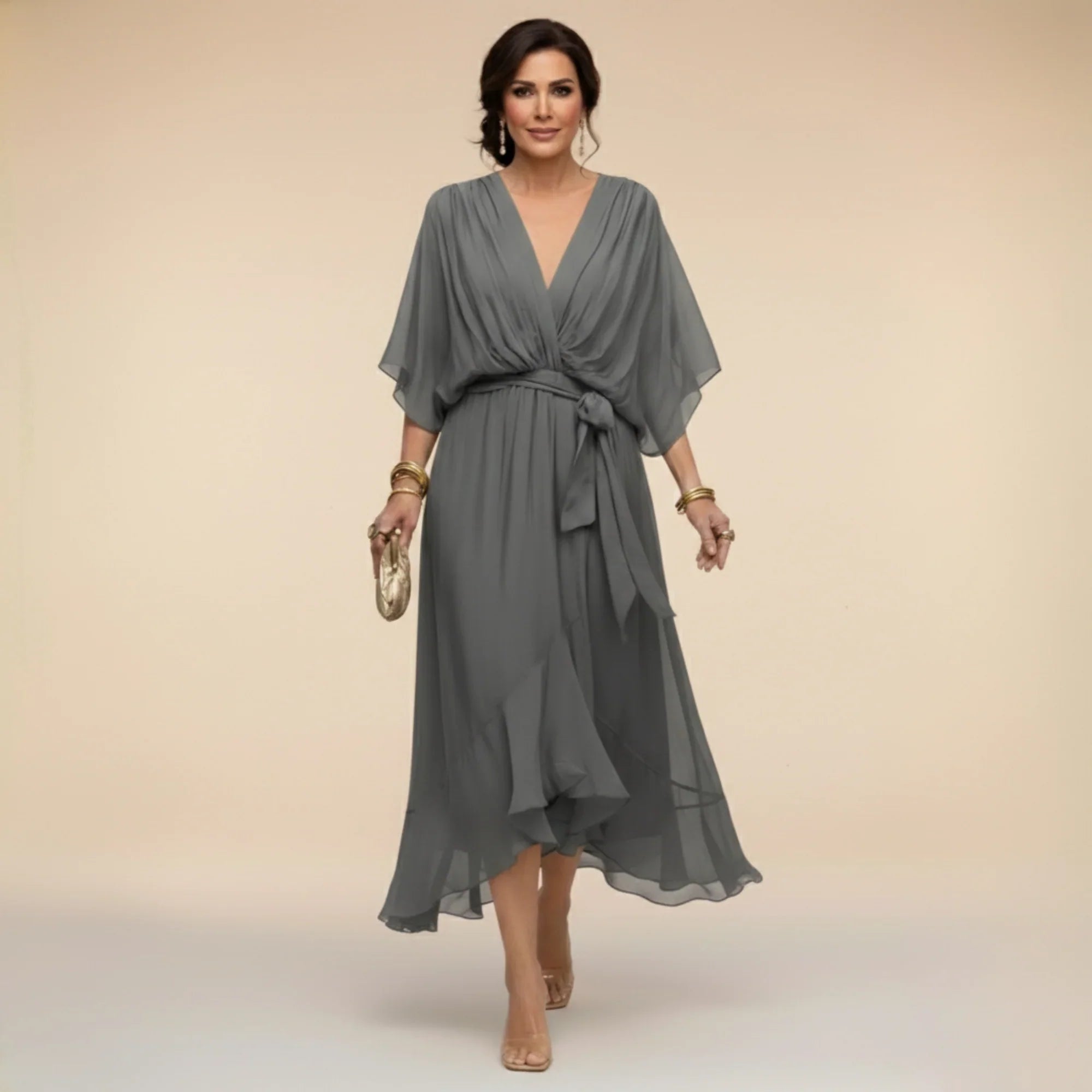 Fabienne - Vestido de Noche Fluido Ajustado de Chifón