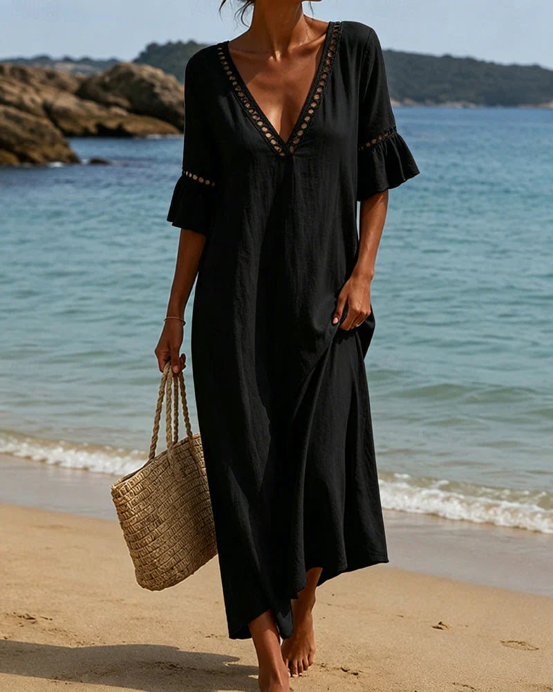 Nehuda - Vestido Largo con Escote en V y Mangas con Volantes