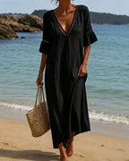 Nehuda - Vestido Largo con Escote en V y Mangas con Volantes