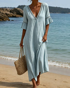 Nehuda - Vestido Largo con Escote en V y Mangas con Volantes
