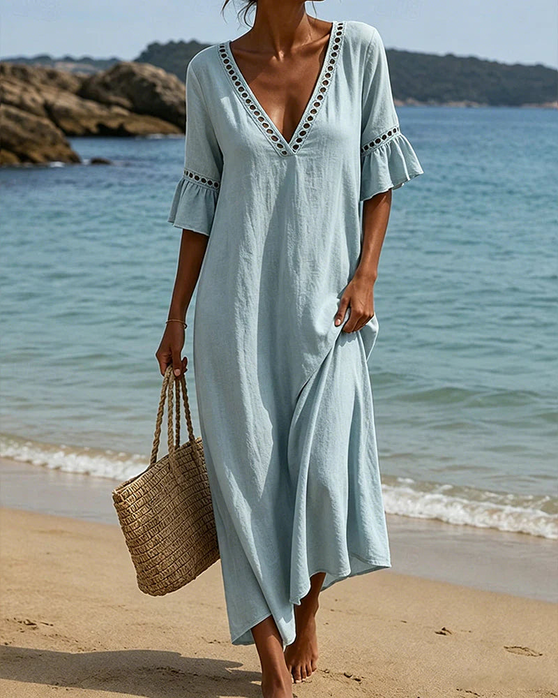 Nehuda - Vestido Largo con Escote en V y Mangas con Volantes