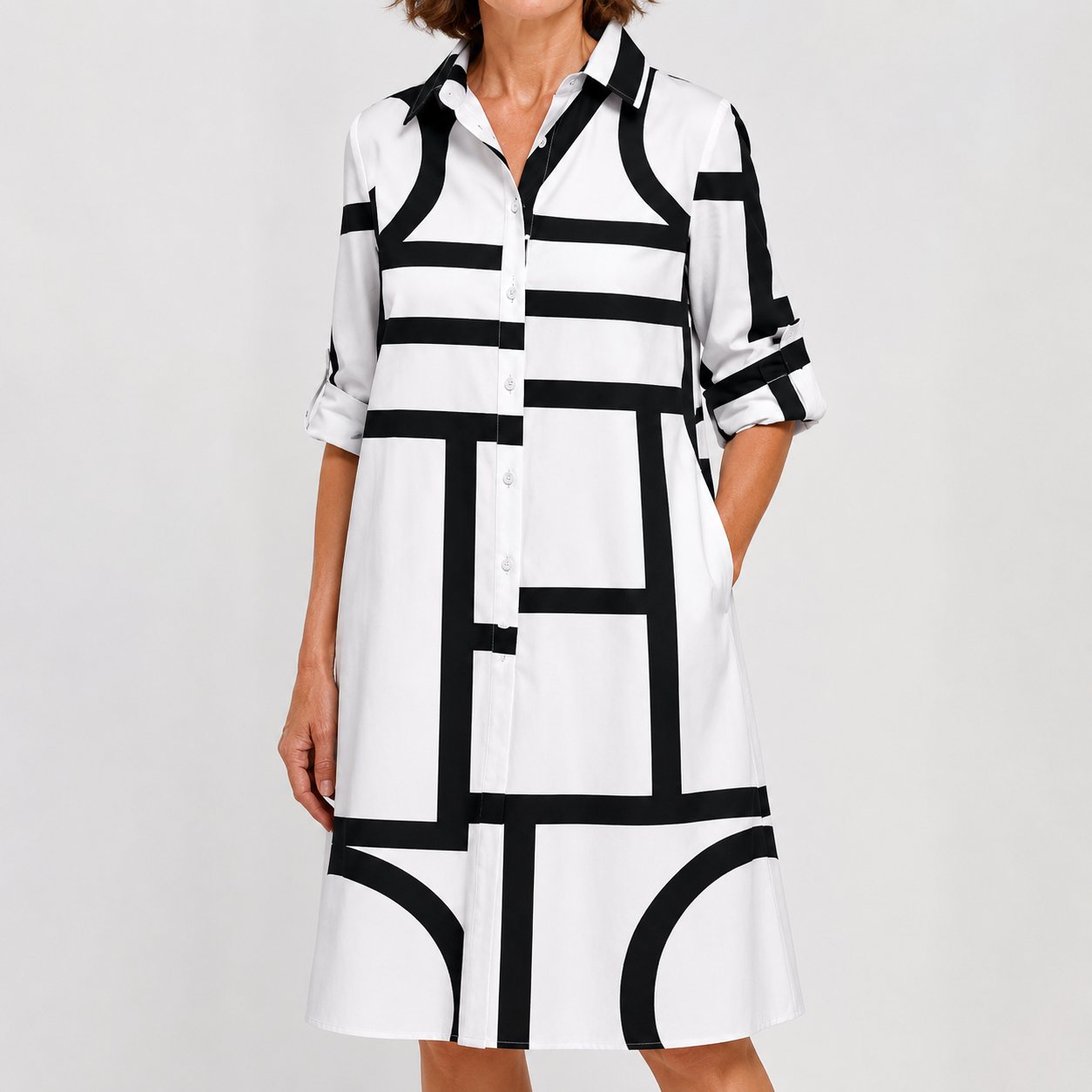 Vestido Camisero Geométrico Negro