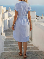 Sona - Vestido Camisero Ajustado de Rayas Azul y Blanco