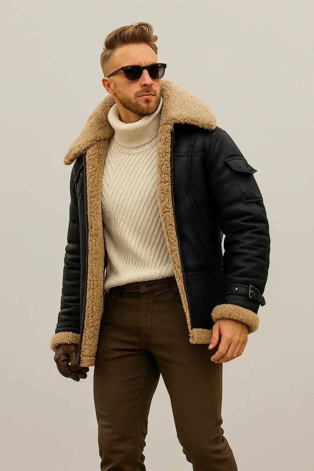 Marvin - Chaqueta de Cuero de Invierno con Forro de Borrego
