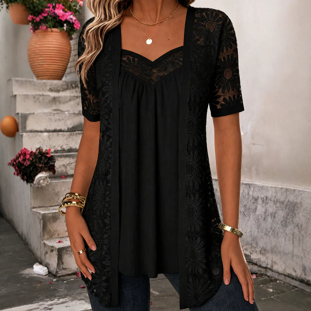 Yolaine - Blusa Femenina con Chaqueta Floral Bordada