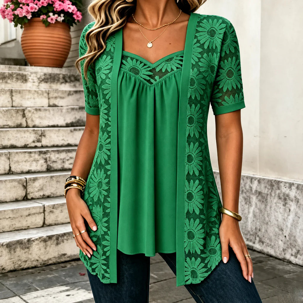 Yolaine - Blusa Femenina con Chaqueta Floral Bordada