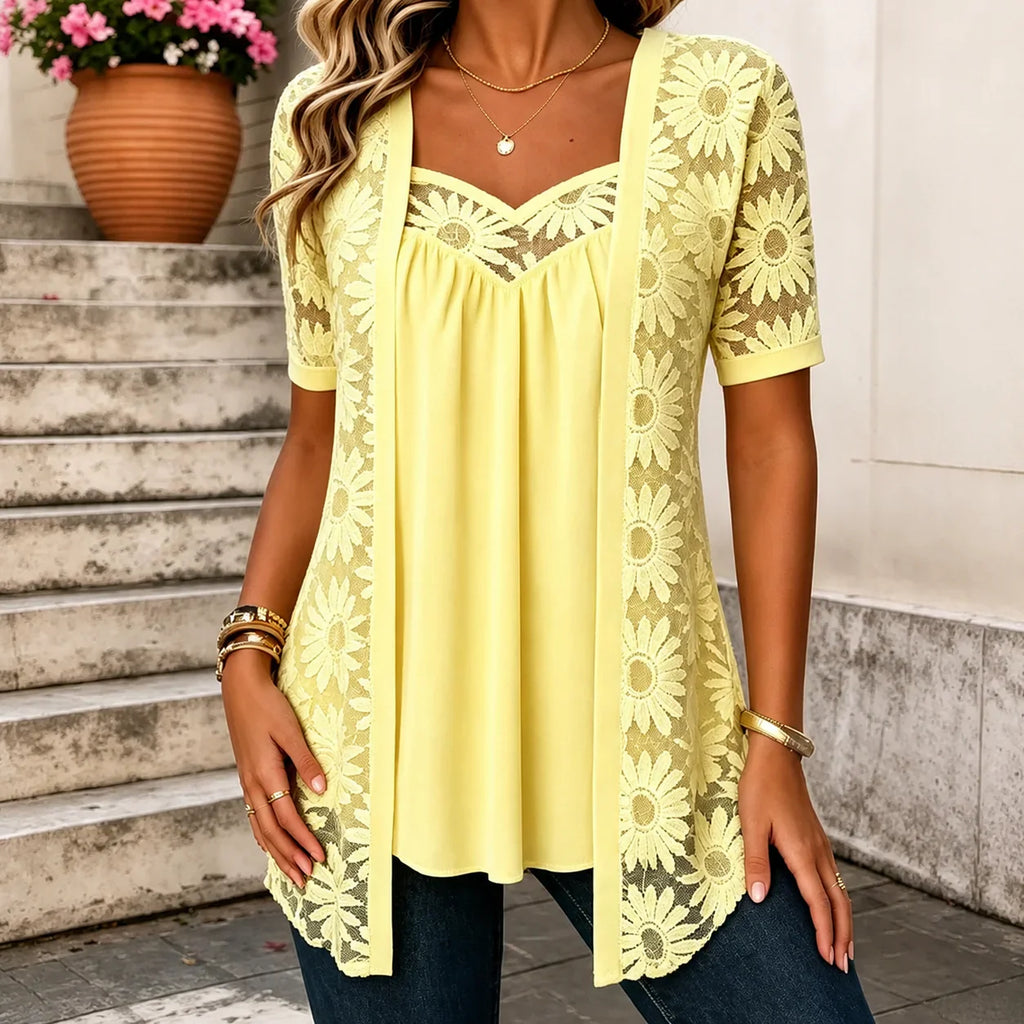 Yolaine - Blusa Femenina con Chaqueta Floral Bordada