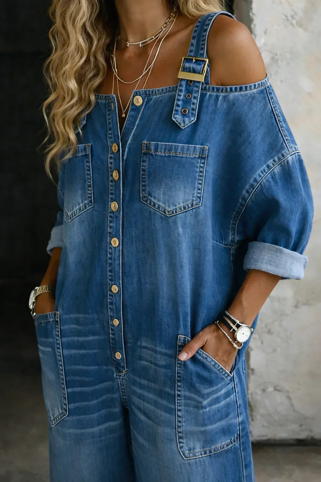 Binta - Mono de Denim con Hombros Descubiertos