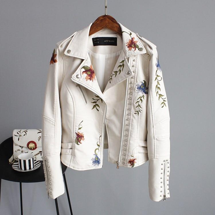 Azelina - Chaqueta de Cuero con Bordado de Flores