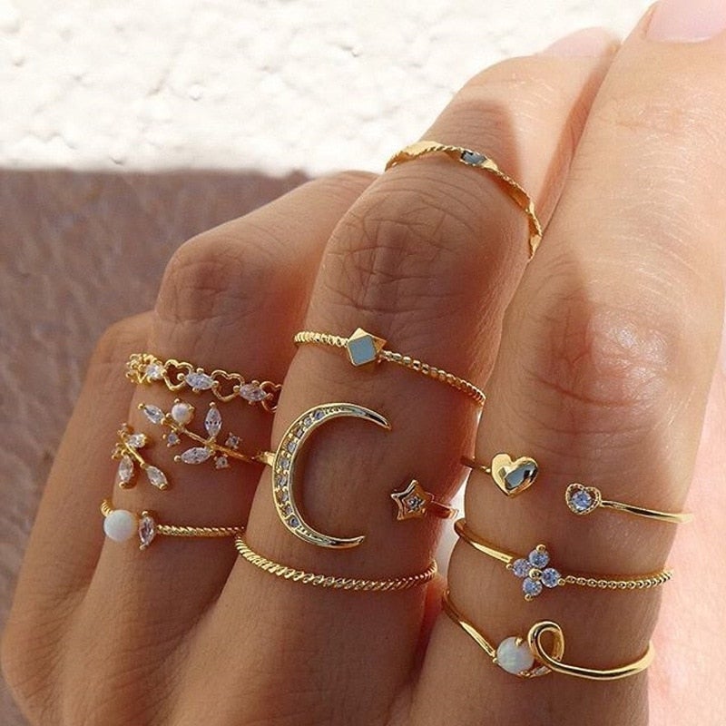 Set de 10 Anillos Bohemios Plata y Oro