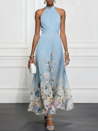 Flava - Vestido Floral Azul Cielo Ajustado de Gasa de Seda