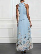 Flava - Vestido Floral Azul Cielo Ajustado de Gasa de Seda
