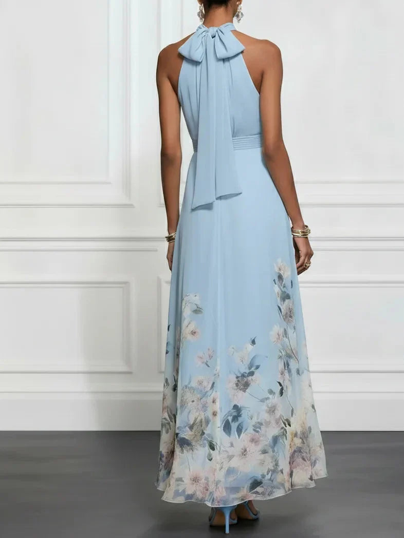 Flava - Vestido Floral Azul Cielo Ajustado de Gasa de Seda