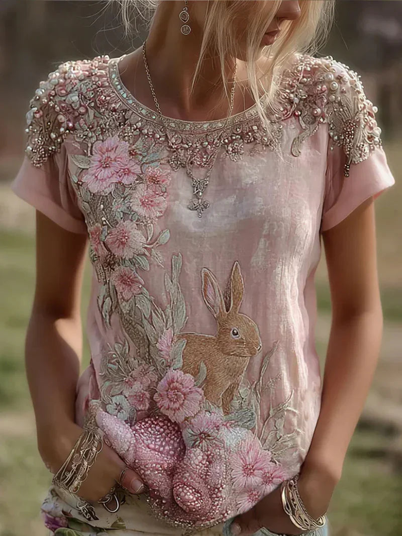Ingri - Blusa Floral con Conejo y Perlas
