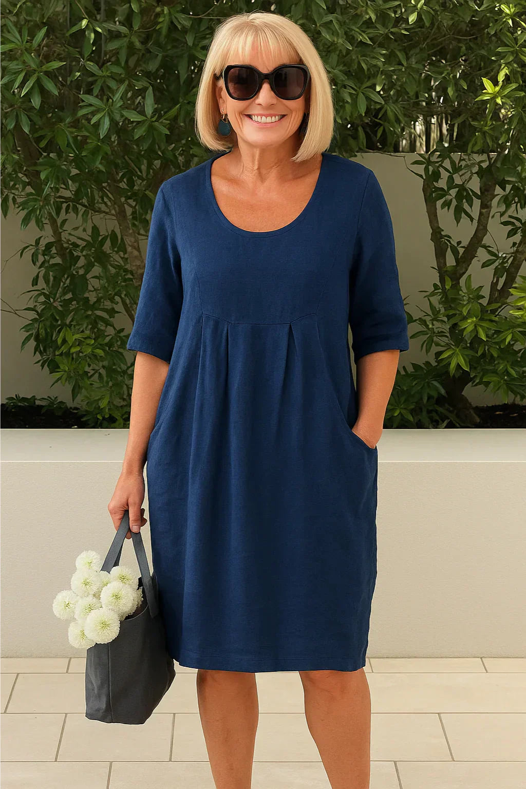 Sandy - Vestido de Algodón Hasta la Rodilla con Bolsillos