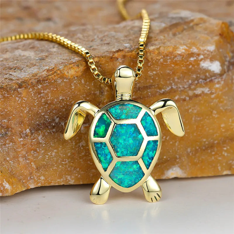 Collar Colgante Tortuga Ópalo de Fuego Verde Vintage