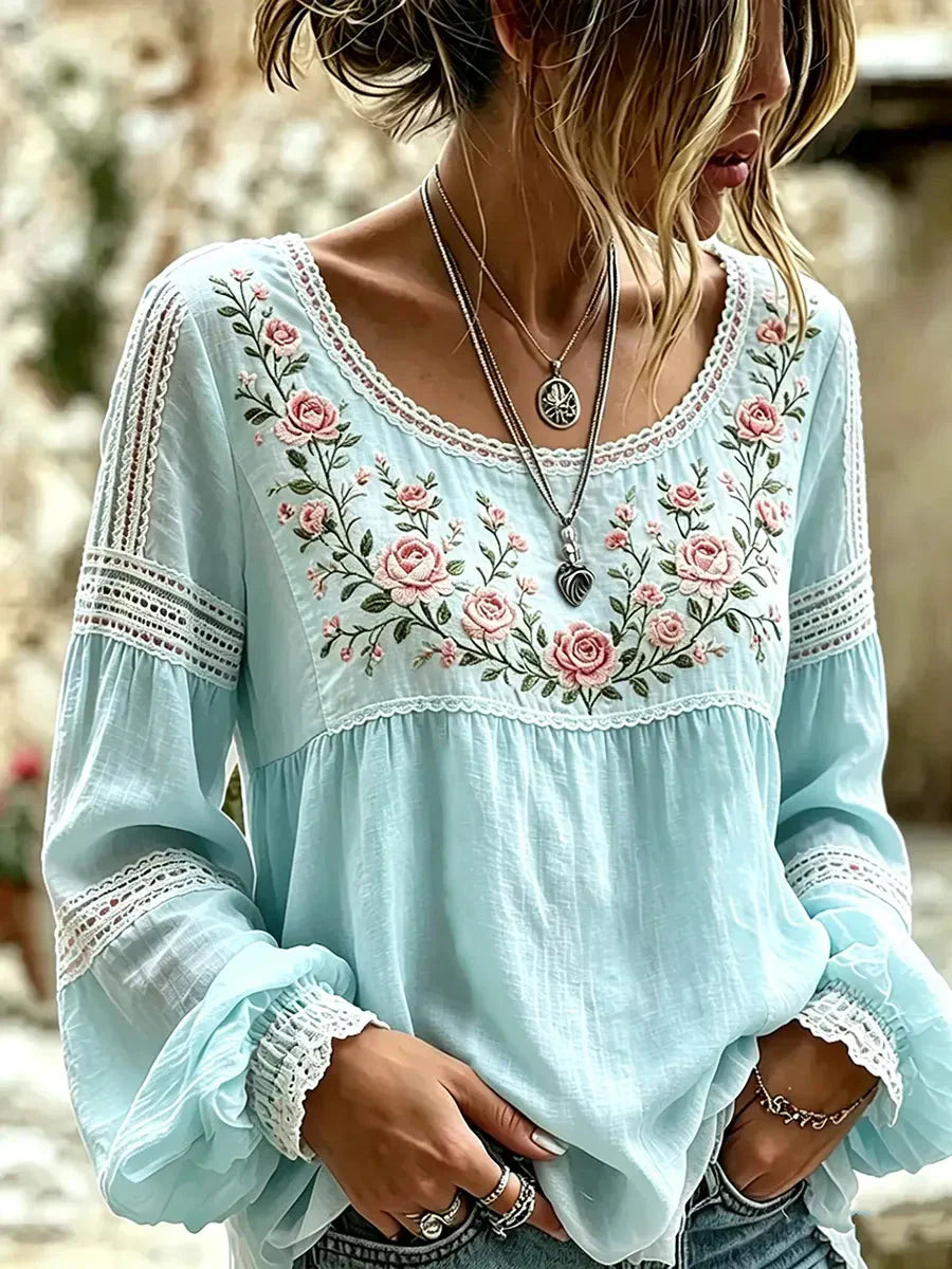 Isra - Blusa Estilo Bohemio Bordada Con Flores