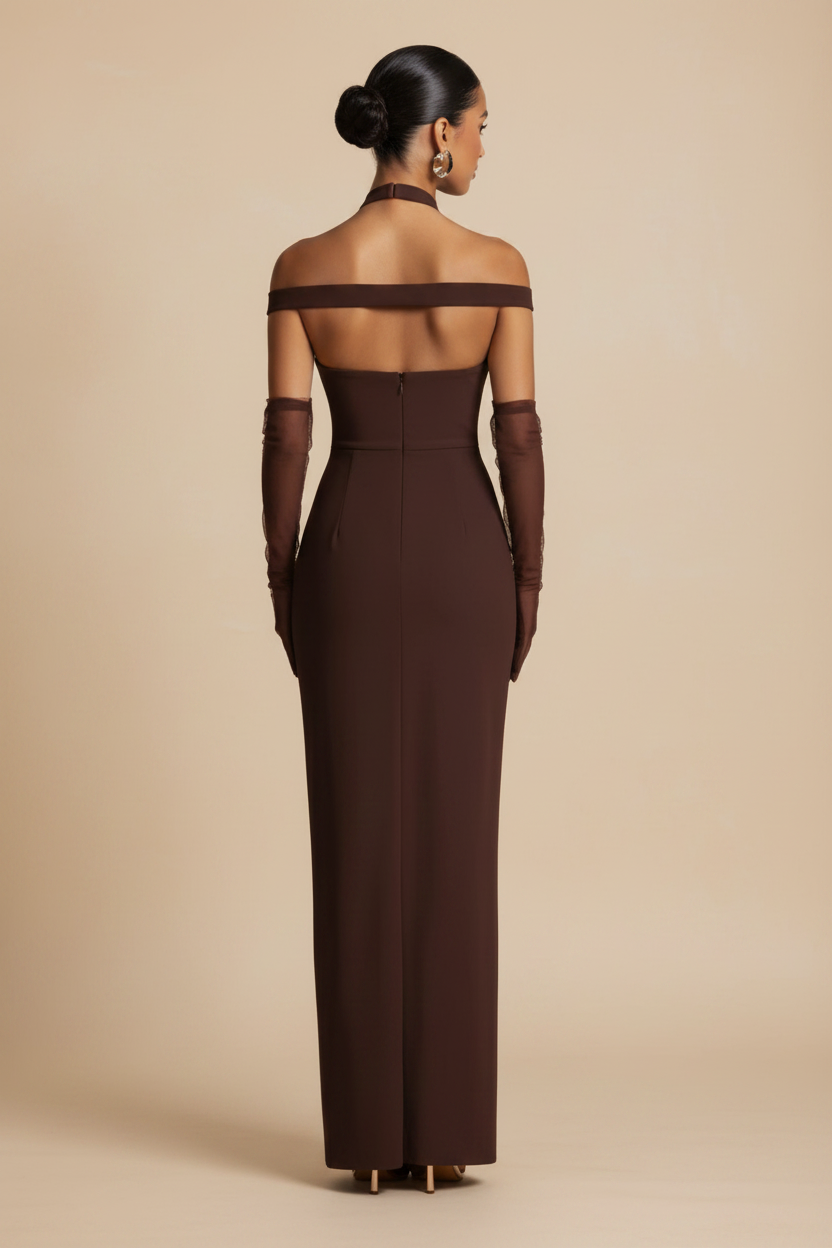 Serrano Madrid | Vestido Maxi Off Shoulder Efecto Silueta Chocolate
