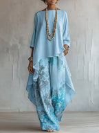 Conjunto Top Asimétrico Azul y Pantalón Ancho Floral