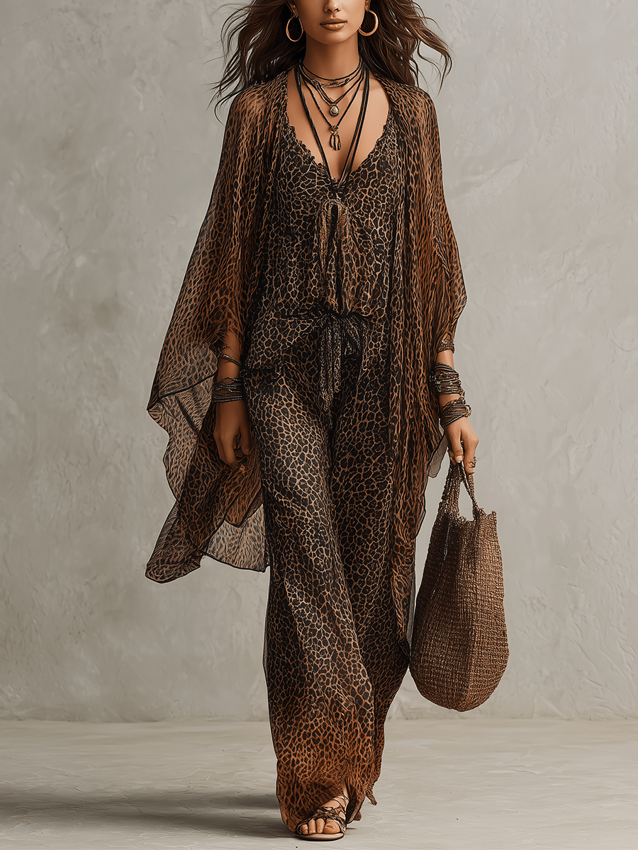Conjunto de Tres Piezas Bata Fluida con Estampado de Leopardo Degradado Boho