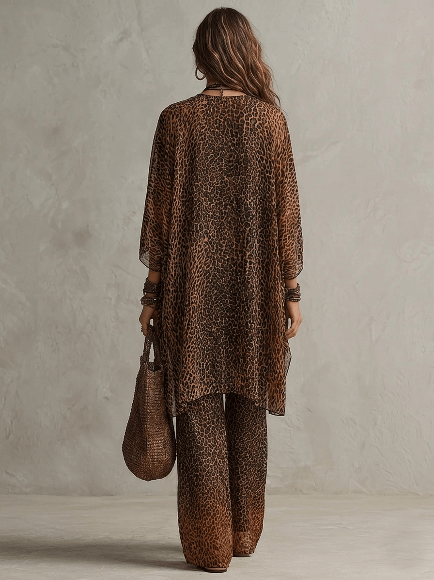 Conjunto de Tres Piezas Bata Fluida con Estampado de Leopardo Degradado Boho
