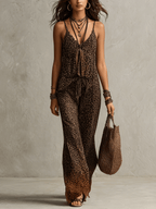 Conjunto de Tres Piezas Bata Fluida con Estampado de Leopardo Degradado Boho