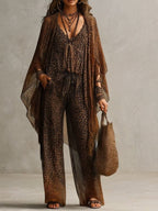 Conjunto de Tres Piezas Bata Fluida con Estampado de Leopardo Degradado Boho