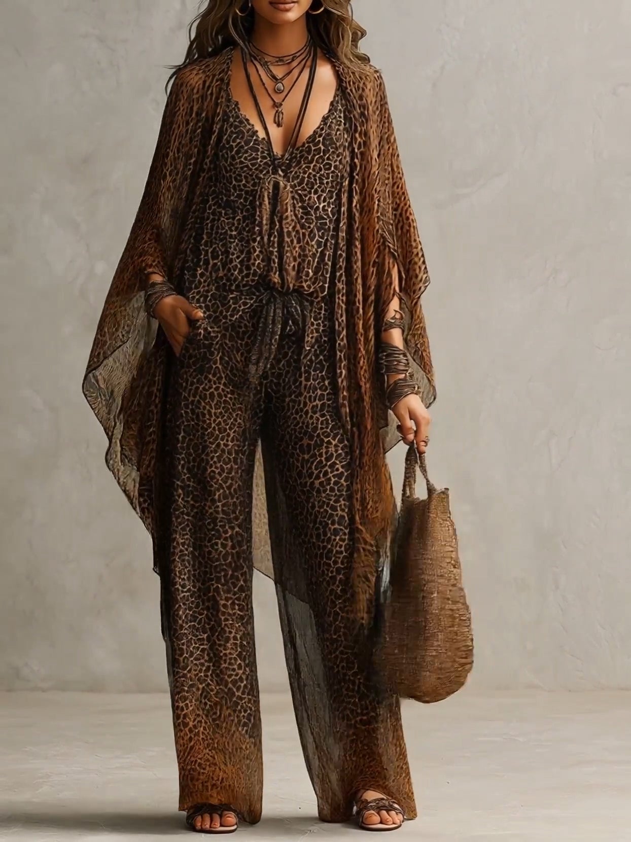 Conjunto de Tres Piezas Bata Fluida con Estampado de Leopardo Degradado Boho