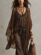 Conjunto de Tres Piezas Bata Fluida con Estampado de Leopardo Degradado Boho