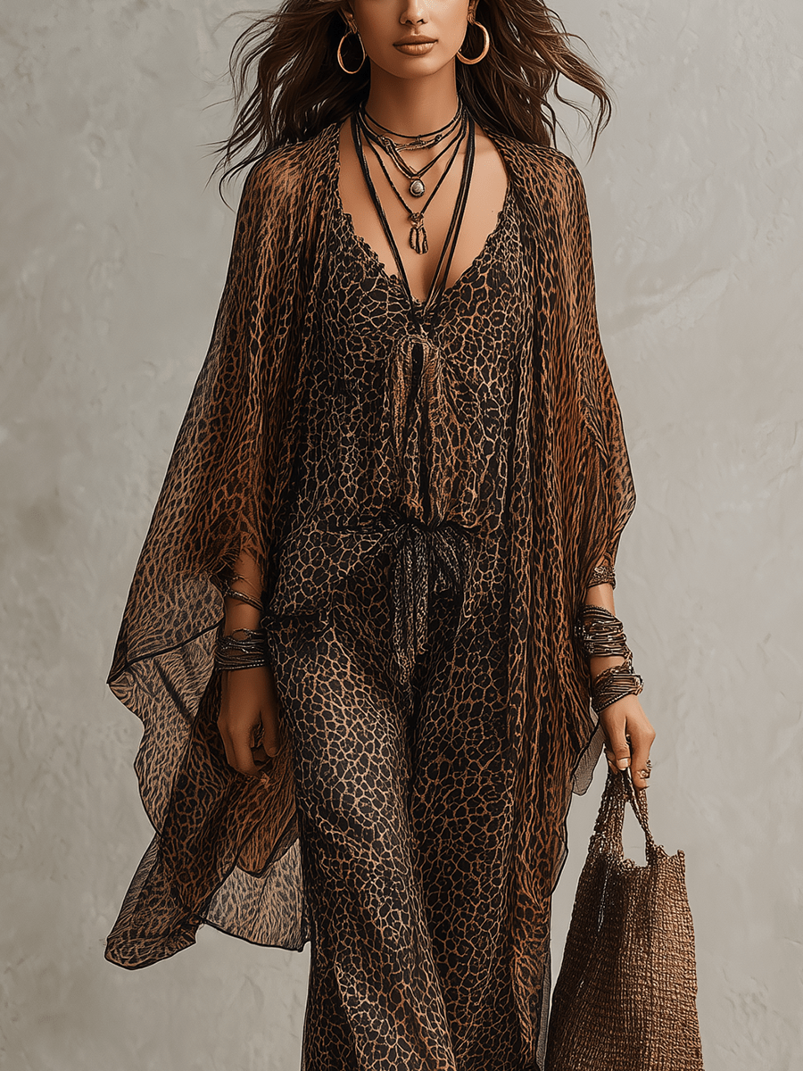 Conjunto de Tres Piezas Bata Fluida con Estampado de Leopardo Degradado Boho