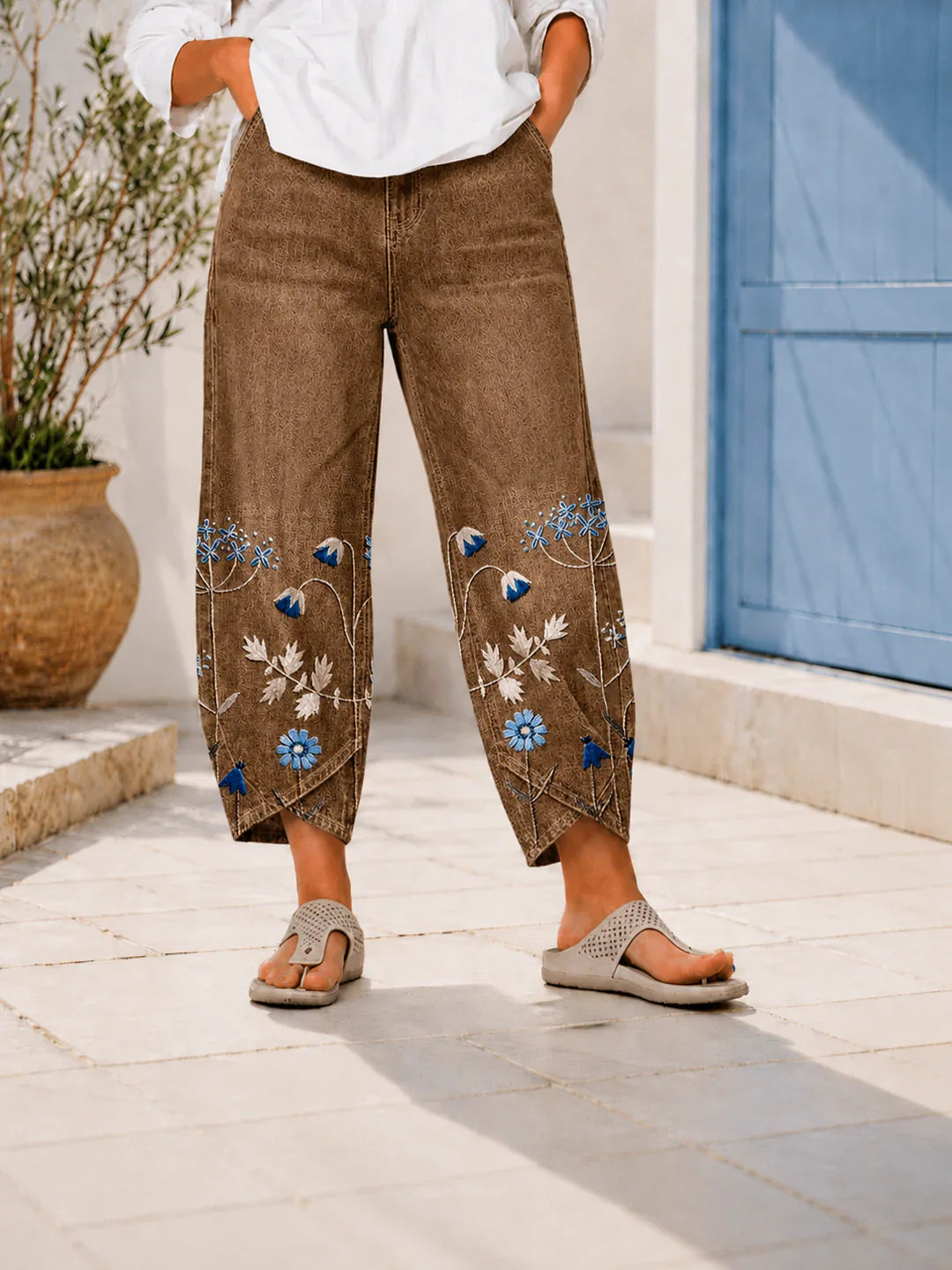 Greta - Pantalón Casual Bordado con Flores