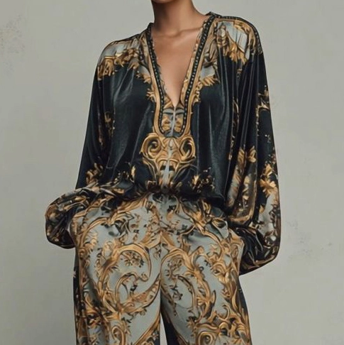 Conjunto Retro Estampado Barroco Escote en V Corte Relajado