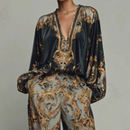 Conjunto Retro Estampado Barroco Escote en V Corte Relajado