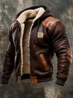 Caden | Chaqueta de fleece con capucha, forro sherpa y detalles de cuero